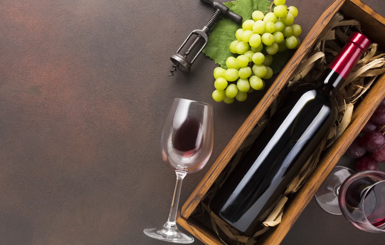 Photo wallpaper box, wine, glass, bottle, grapes, box
