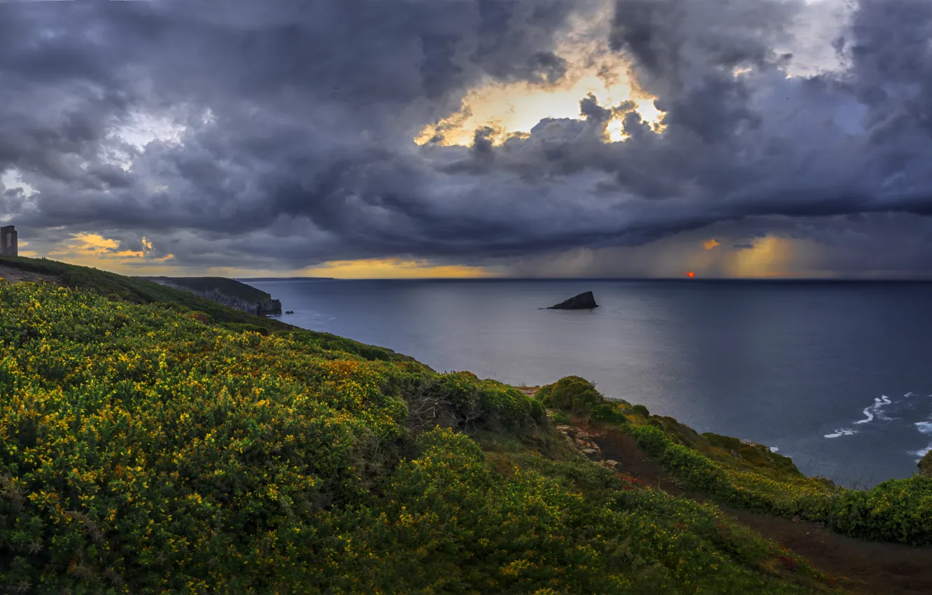 Photo wallpaper landscape, clouds, nature, Strait, coast, France, lighthouse, Brittany