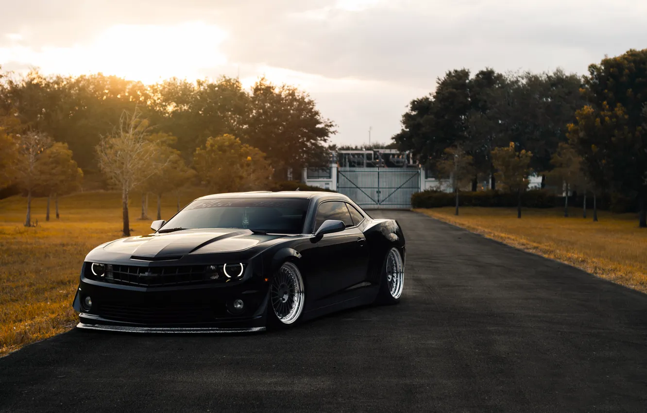 Photo wallpaper Chevrolet, Muscle, Camaro, Car, Front, Black, Autumn, Matte