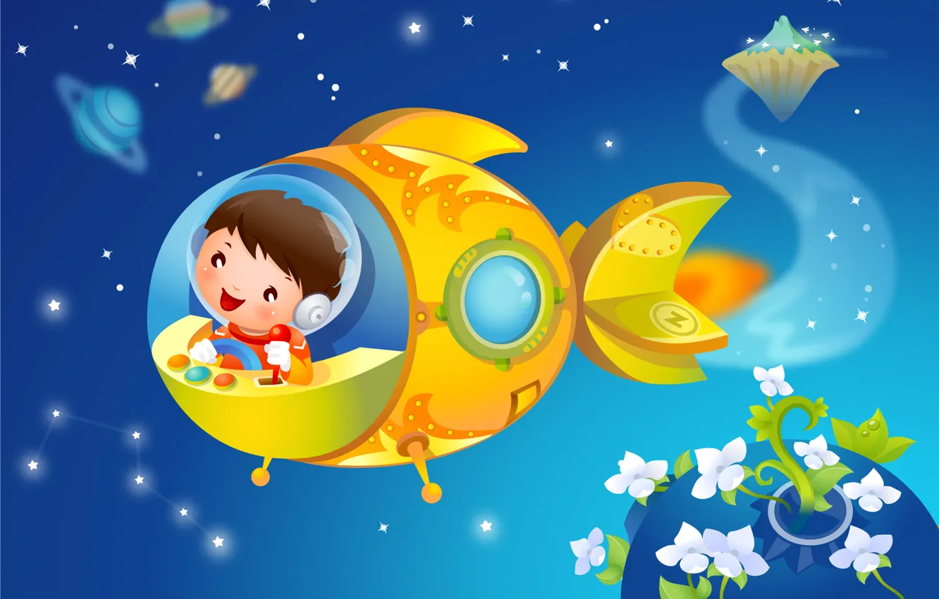 Photo wallpaper stars, flowers, children, smile, fantasy, planet, baby Wallpaper, spaceship