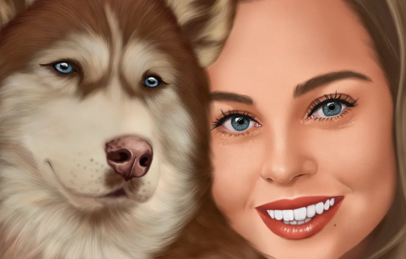 Photo wallpaper girl, figure, portrait, dog, husky, illustration