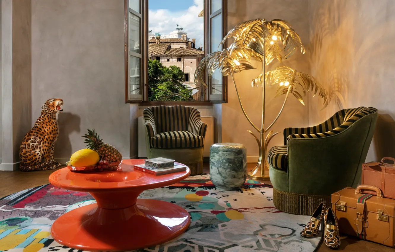 Photo wallpaper style, heat, interior, chair, living room, cozy, designer lamp, Escape with design inspired by distant …