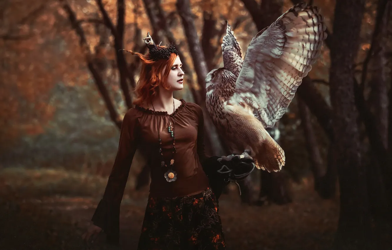 Photo wallpaper autumn, forest, girl, nature, style, owl, bird, cosplay