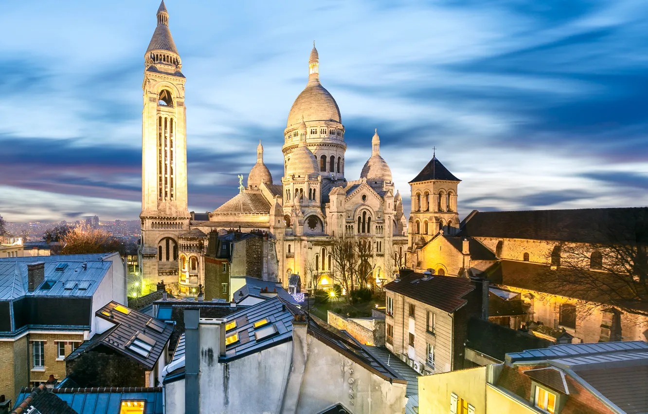 Photo wallpaper lights, France, Paris, home, the evening, roof, temple, Montmartre
