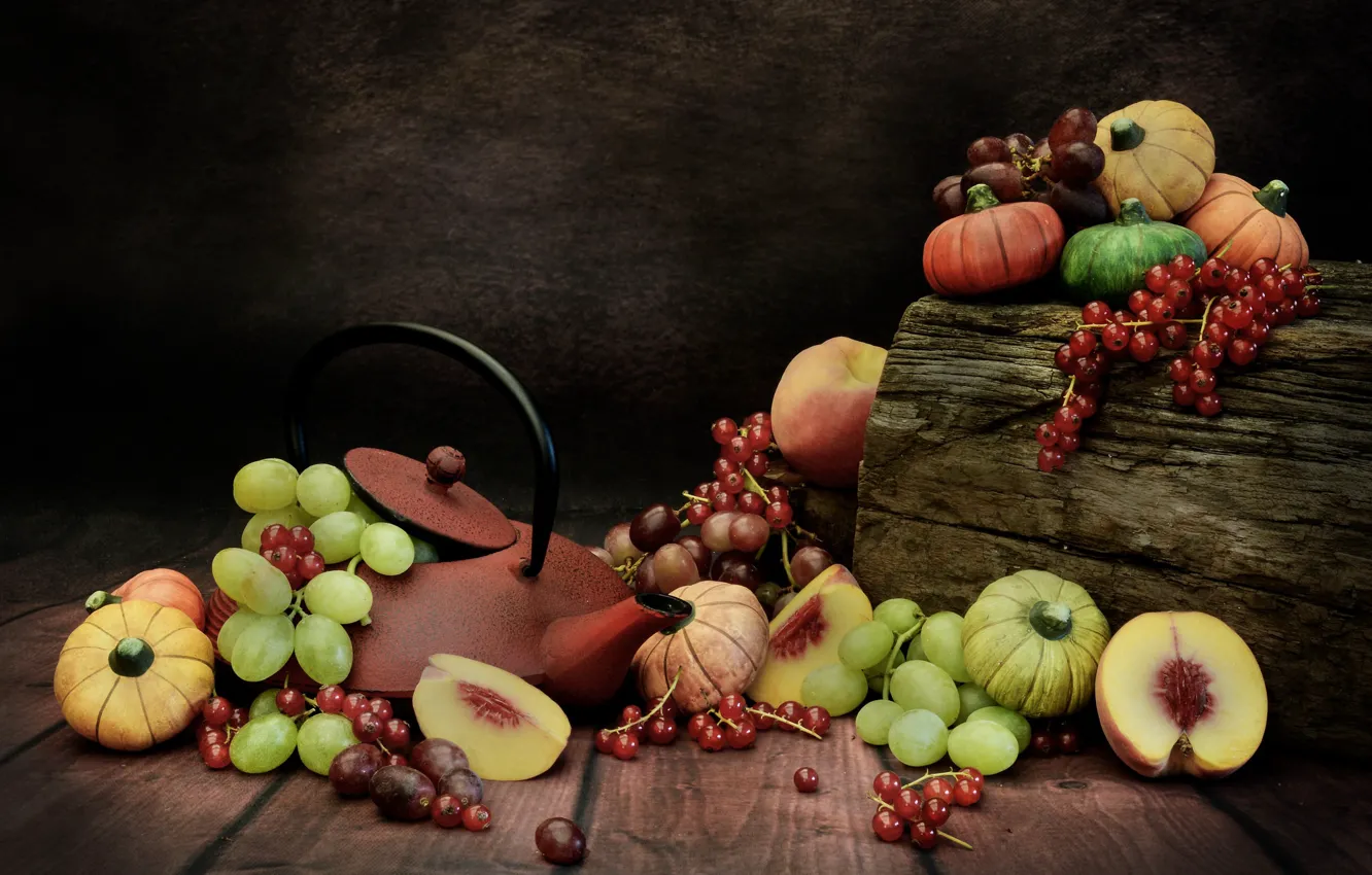 Photo wallpaper grapes, pumpkin, fruit, peach