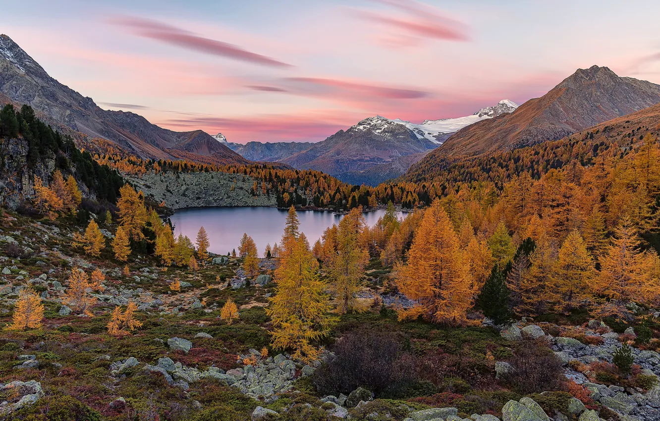 Photo wallpaper autumn, forest, mountains, lake, vegetation, the slopes, Alps, pond