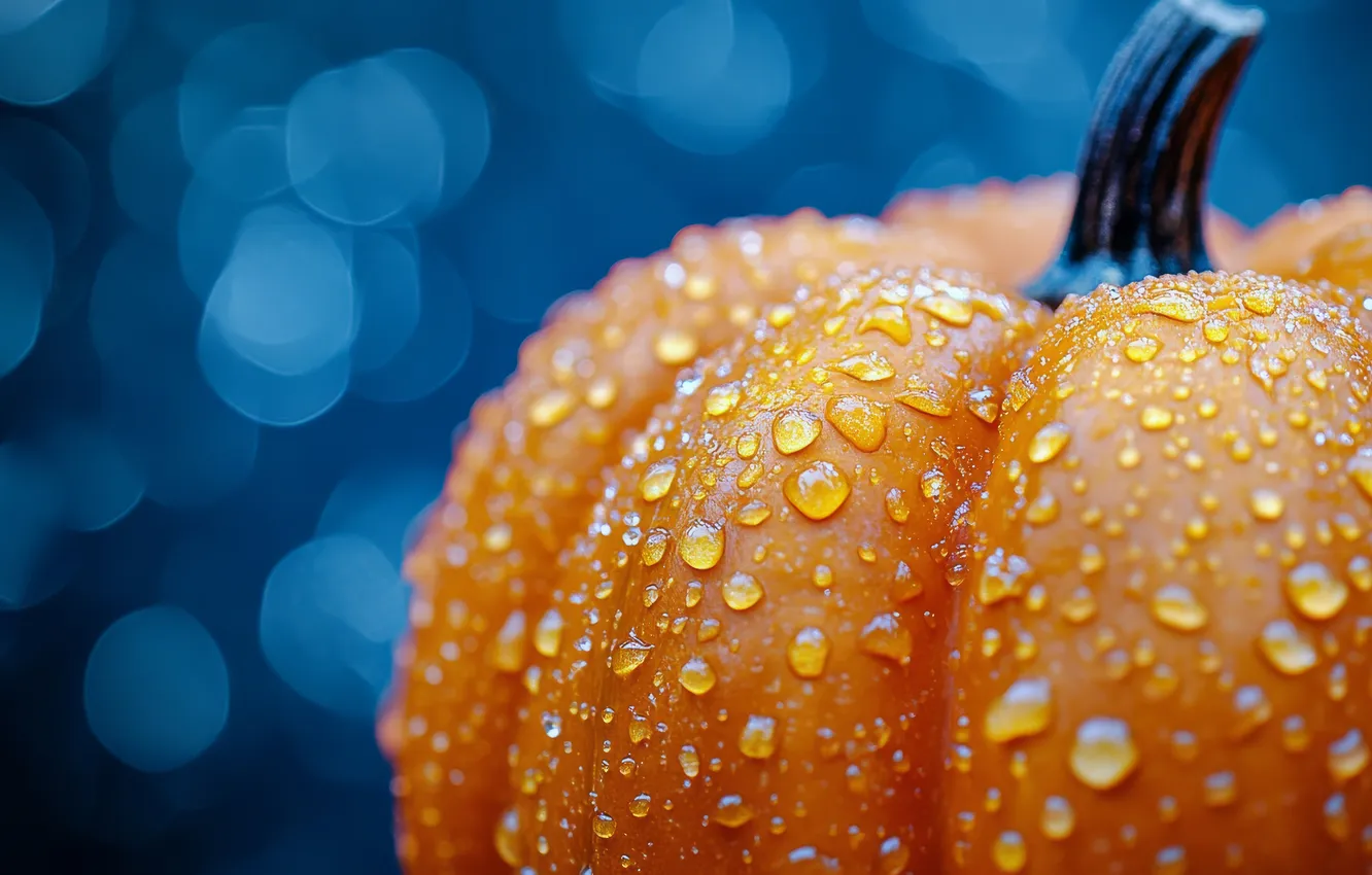 Photo wallpaper autumn, drops, macro, close-up, pumpkin, Halloween, Halloween, blue background
