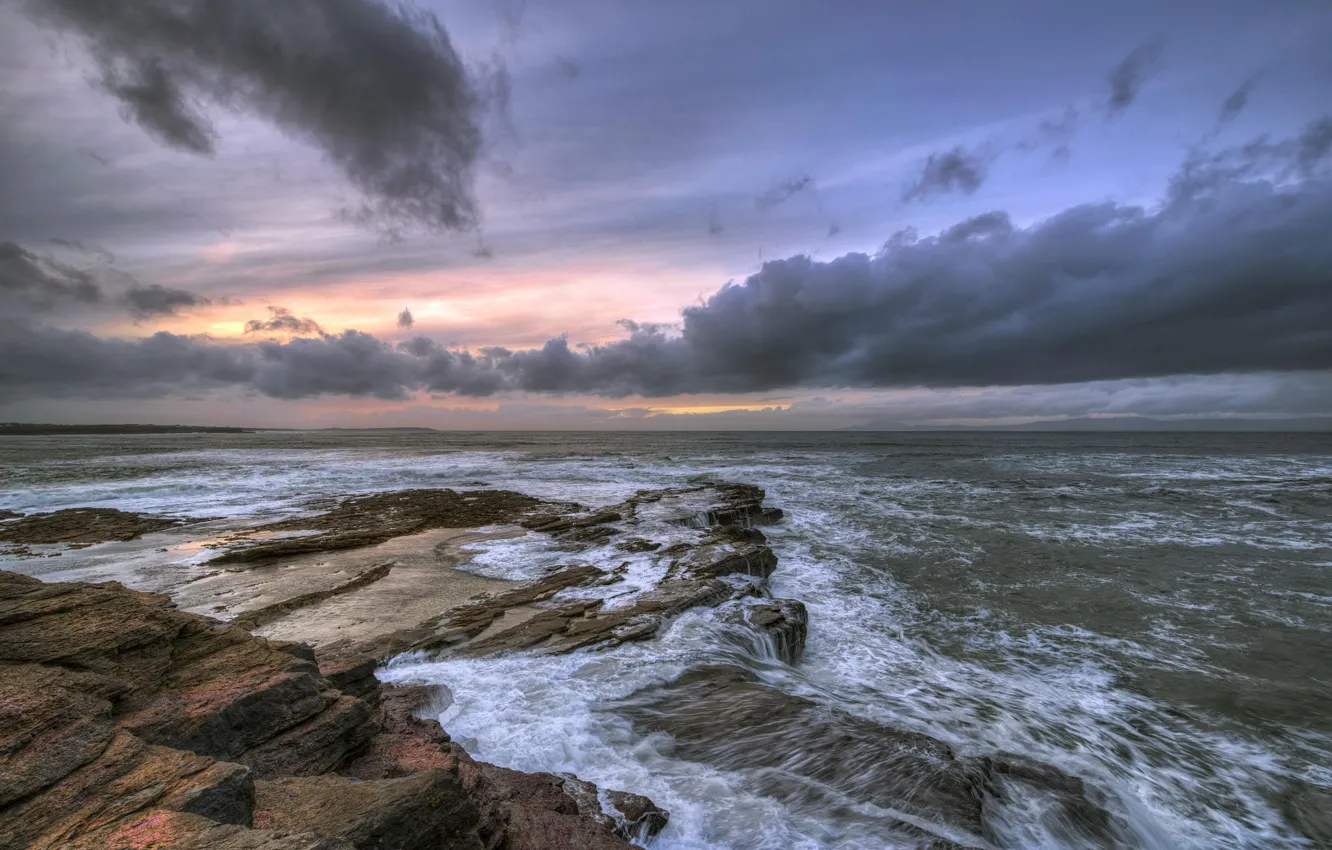 Photo wallpaper sea, wave, the sky, clouds, stones, stream, Okoem, Granite Exits