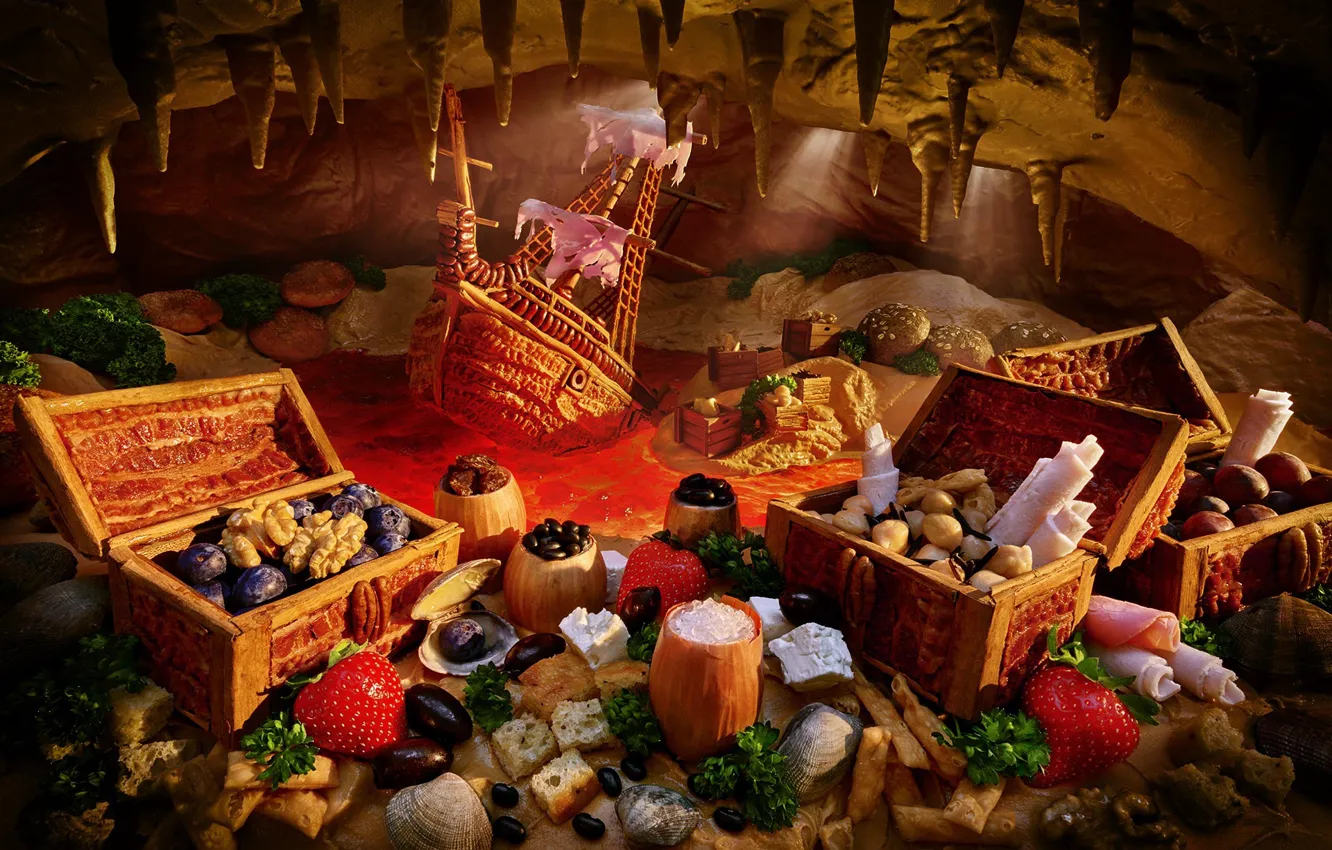 Photo wallpaper greens, Bay, icicles, strawberry, fruit, vegetables, plum, rays of light