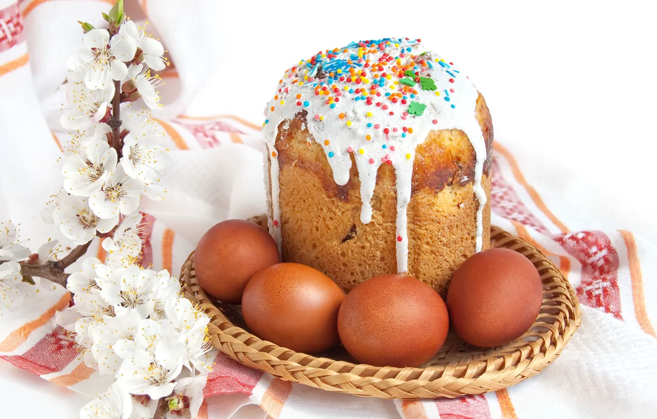 Photo wallpaper flowers, holiday, eggs, branch, Easter, cake, Easter
