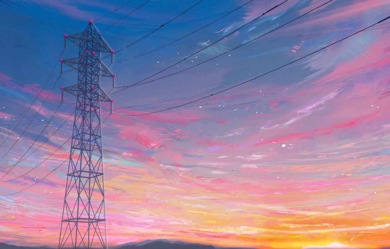 Photo wallpaper the moon, twilight, power lines