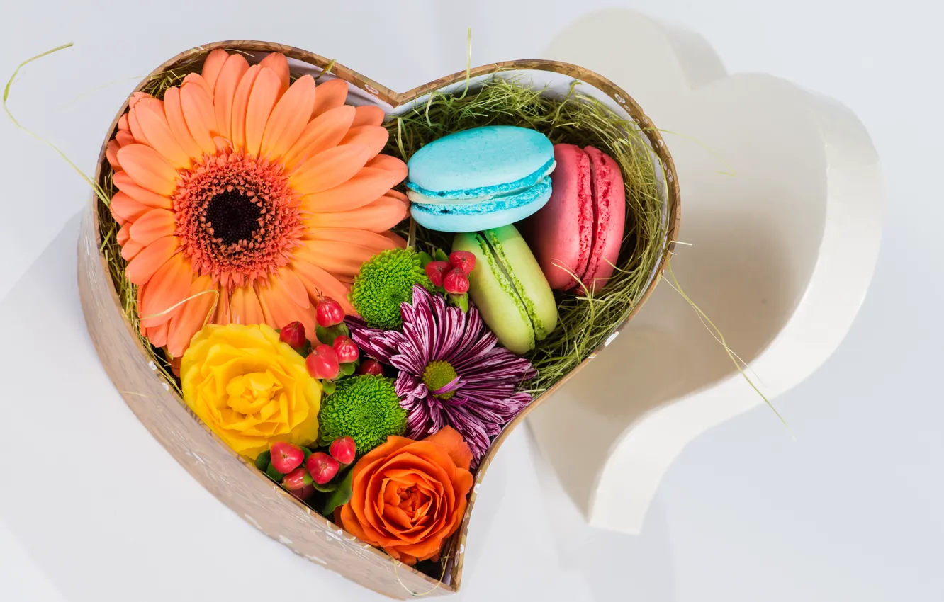 Photo wallpaper flowers, box, gift, heart, box, flower, dessert, candy