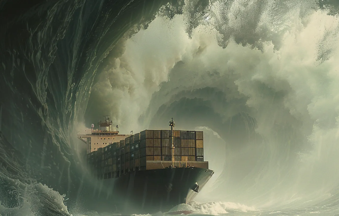 Photo wallpaper Sea, Wave, Ship, Storm, A container ship, Digital art, AI art, The Art of Artificial …