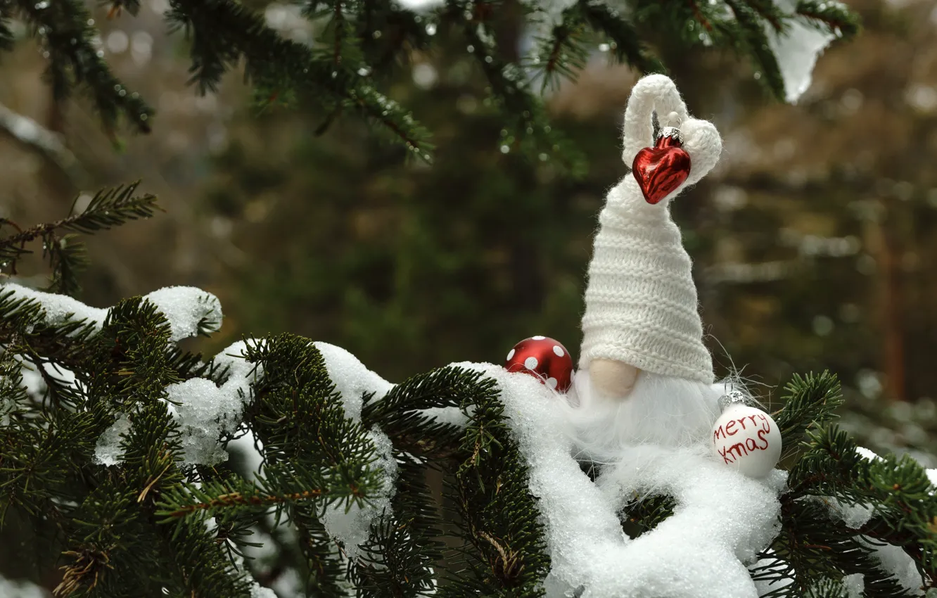 Photo wallpaper winter, balls, snow, nature, toy, new year, spruce, doll