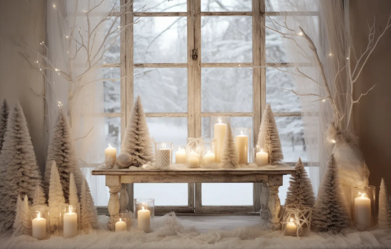 Photo wallpaper winter, frost, forest, snow, branches, table, room, new year