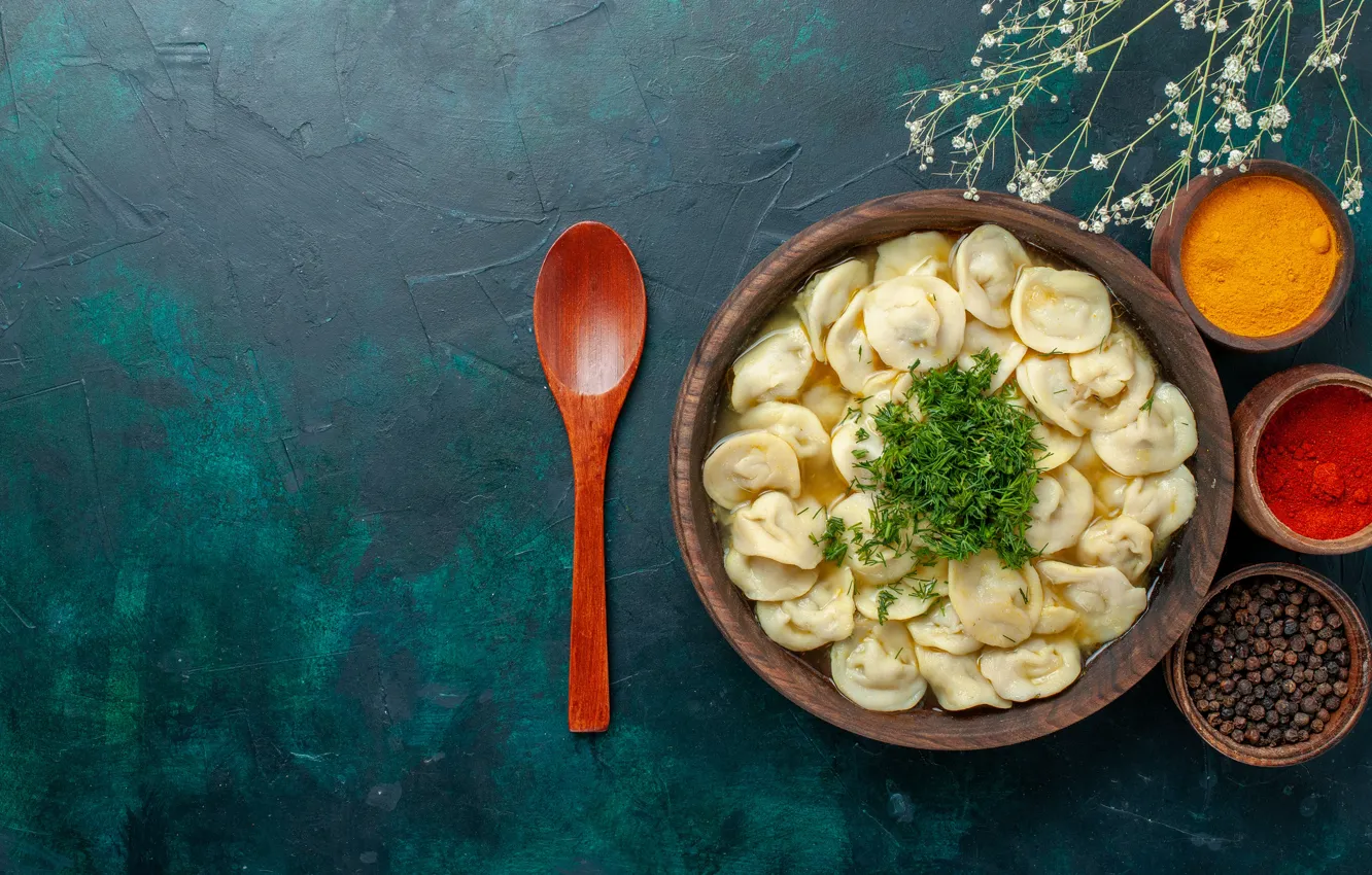 Photo wallpaper plate, spoon, spices, dumplings