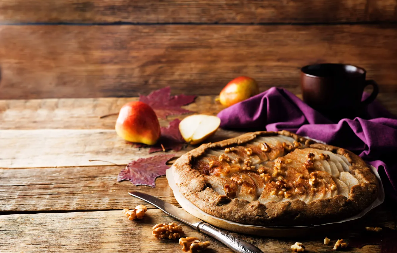 Photo wallpaper pie, knife, Cup, nuts, pear