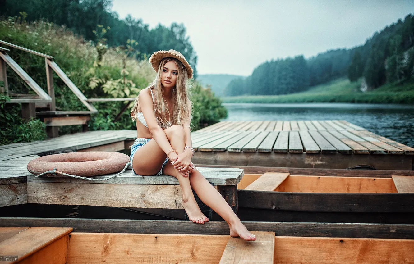 Photo wallpaper shorts, river, model, straw hat, Polina Grents, On The Deck, Woman Outdoors