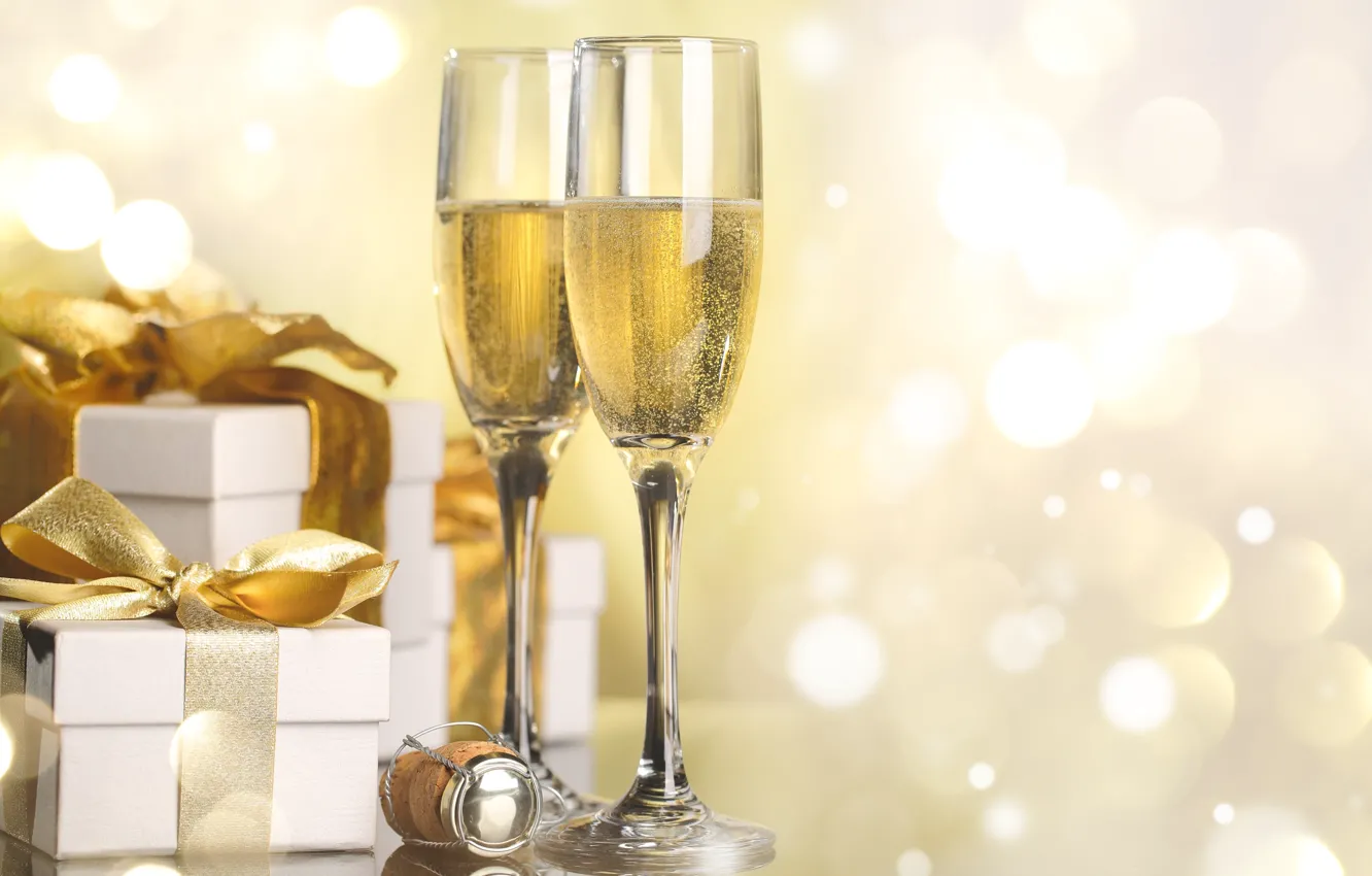 Photo wallpaper holiday, new year, glasses, gifts, tube, champagne, box, bokeh
