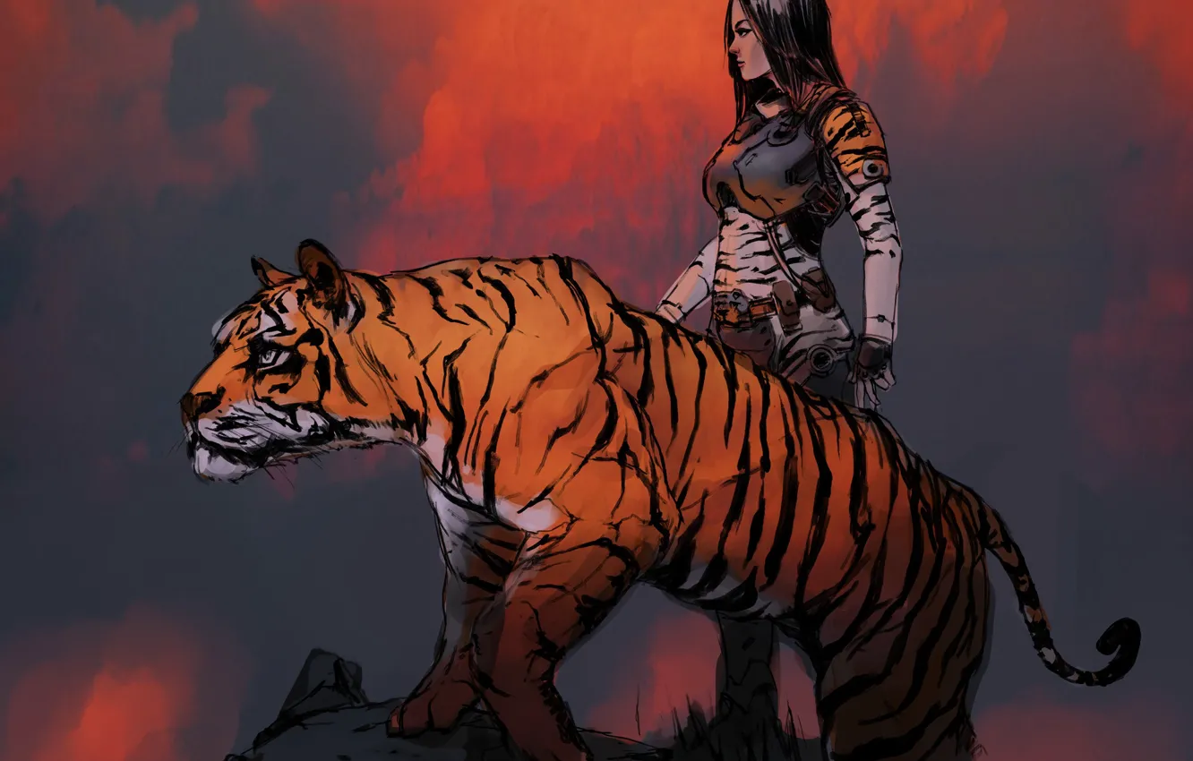 Photo wallpaper girl, tiger, beast, friends, tigersketch