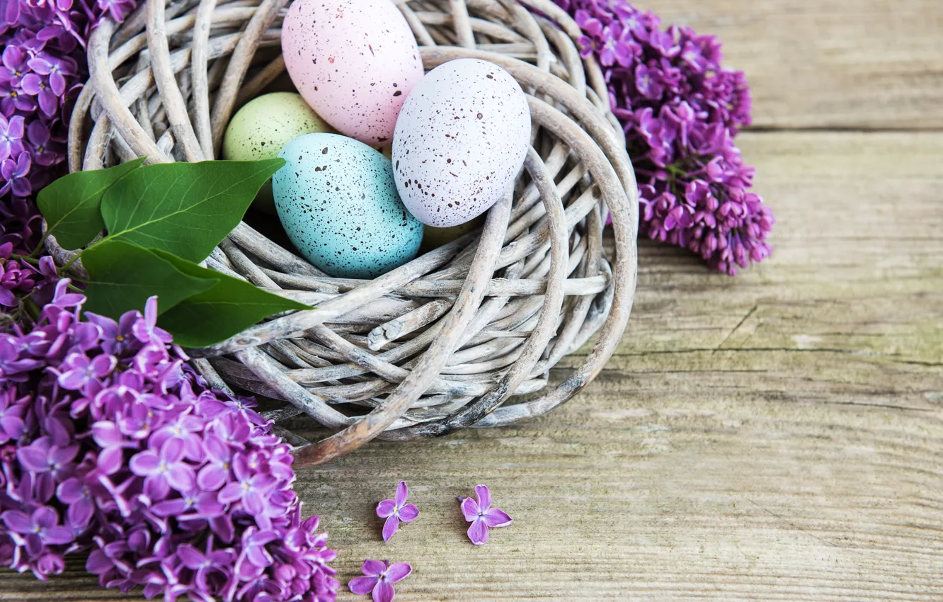 Photo wallpaper flowers, eggs, spring, colorful, Easter, happy, wood, blossom