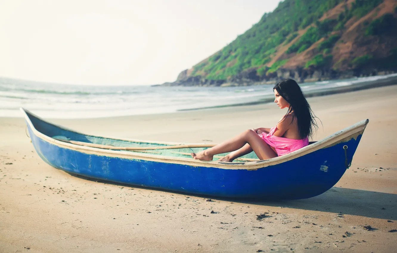 Photo wallpaper girl, boat, True Paceva, legs.shore