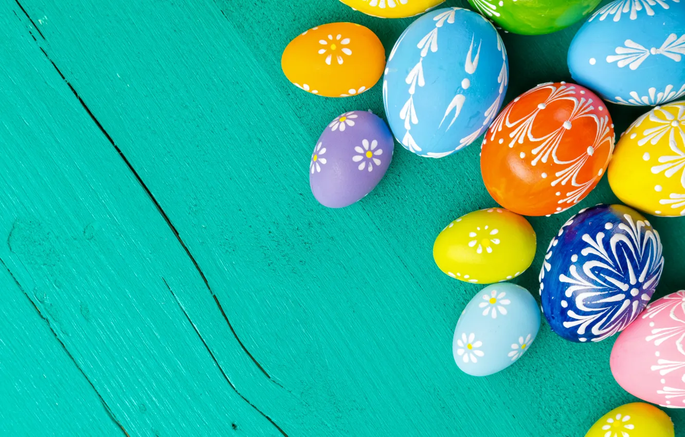 Photo wallpaper spring, colorful, Easter, wood, spring, Easter, eggs, decoration