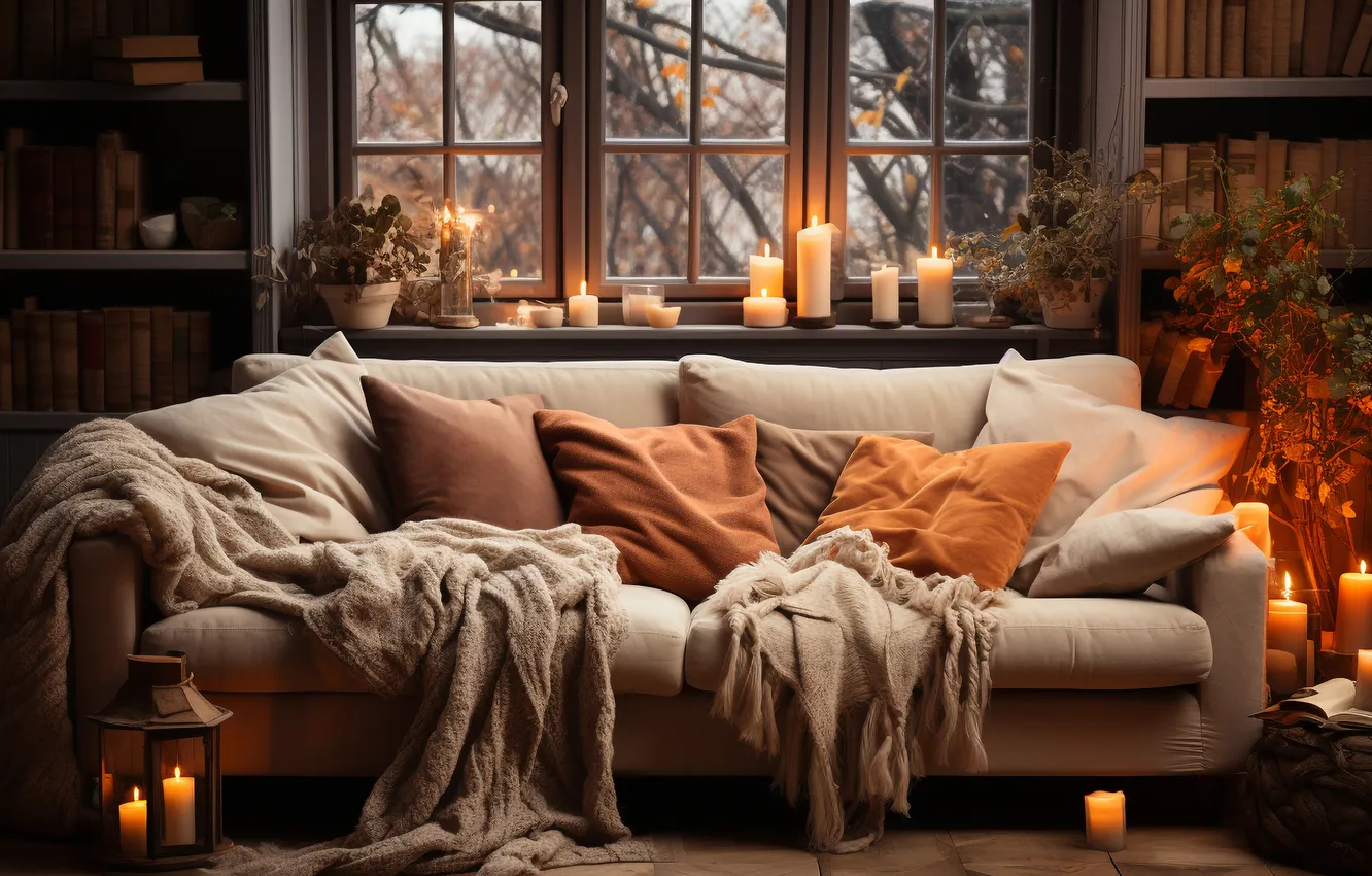 Photo wallpaper autumn, glass, orange, branches, lights, comfort, room, sofa