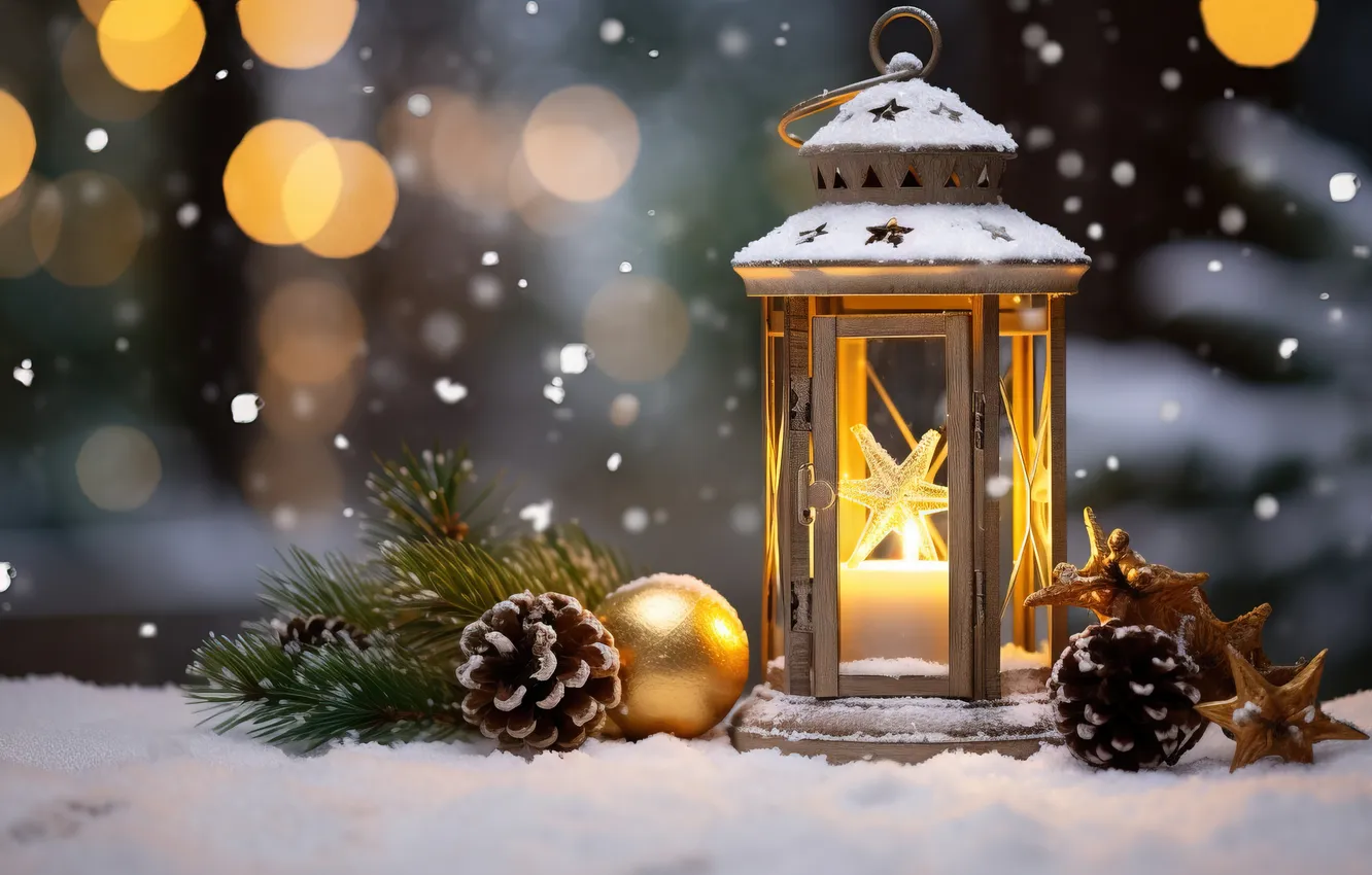 Photo wallpaper winter, snow, night, new year, Christmas, lights, Christmas, night