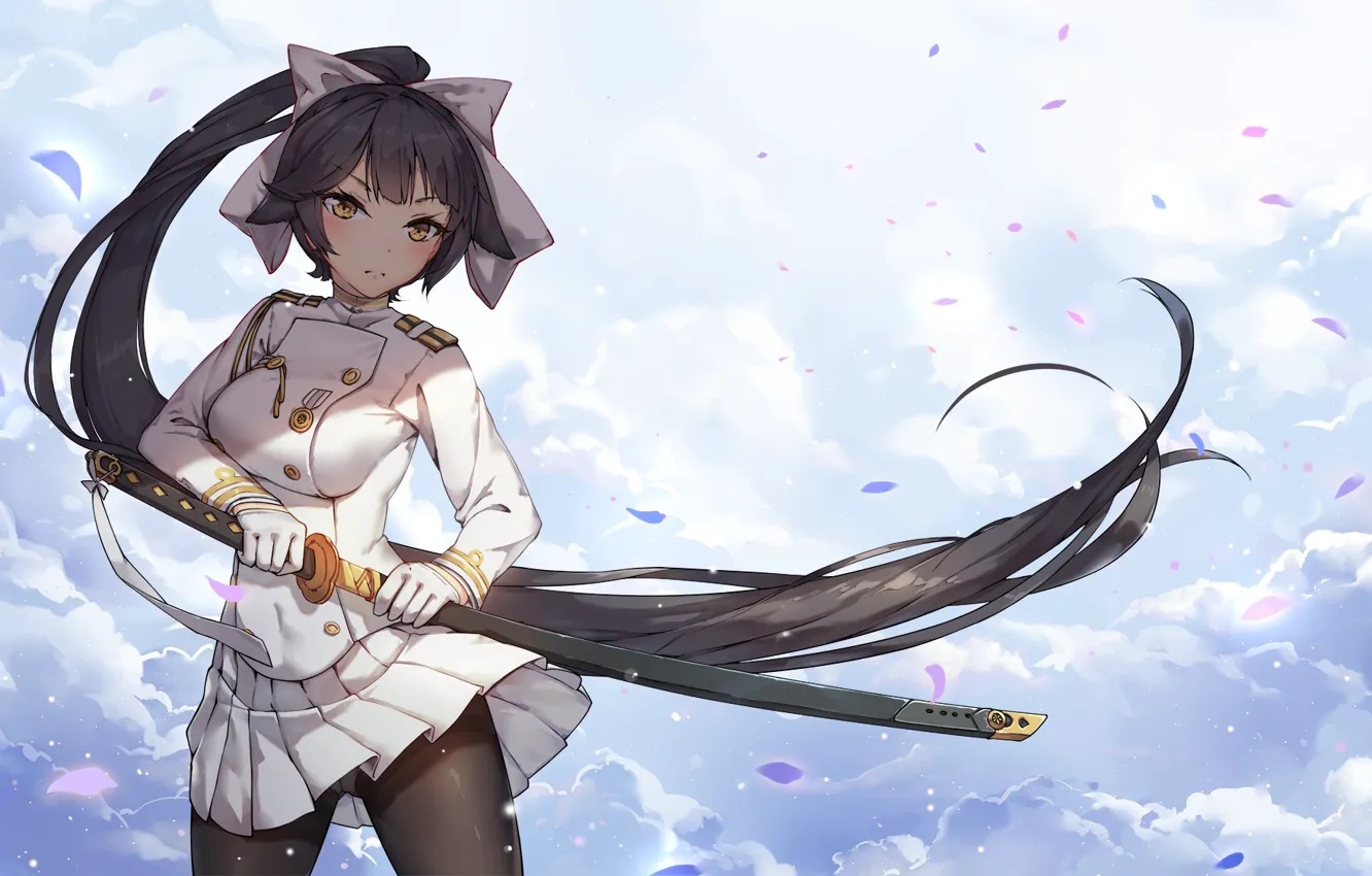 Photo wallpaper girl, clouds, sword, petals, Azur Lane
