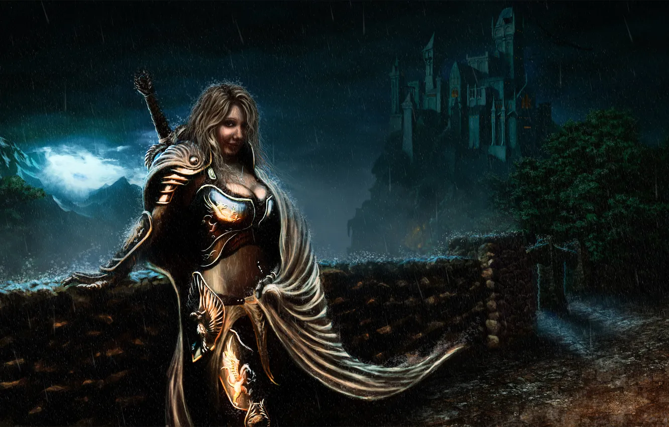 Photo wallpaper girl, mountains, castle, rain, sword, armor, knight, cloak
