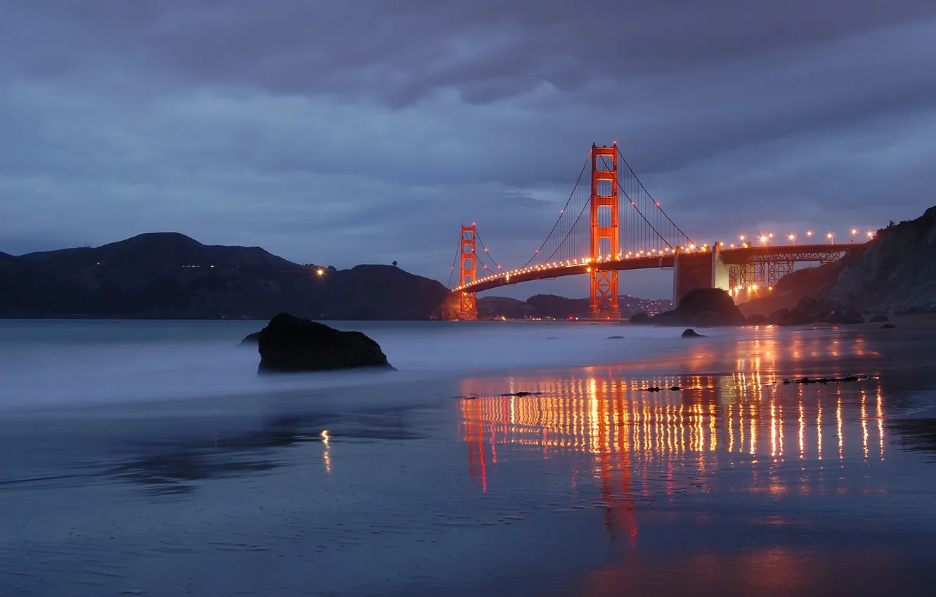 Photo wallpaper beach, bridge, the city, lights, the evening, San Francisco