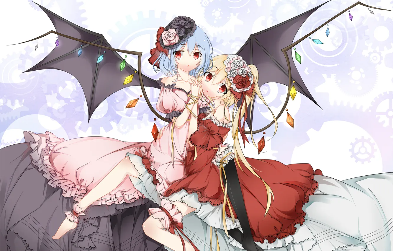 Photo wallpaper girl, wings, stockings, dress, vampire, touhou, hug, Remilia Scarlet