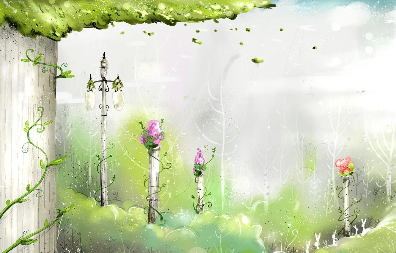 Photo wallpaper trees, figure, lights, art