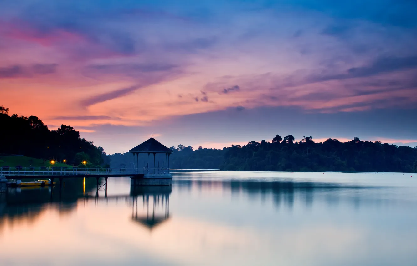 Photo wallpaper water, sunset, lights, lake, Marina, the evening