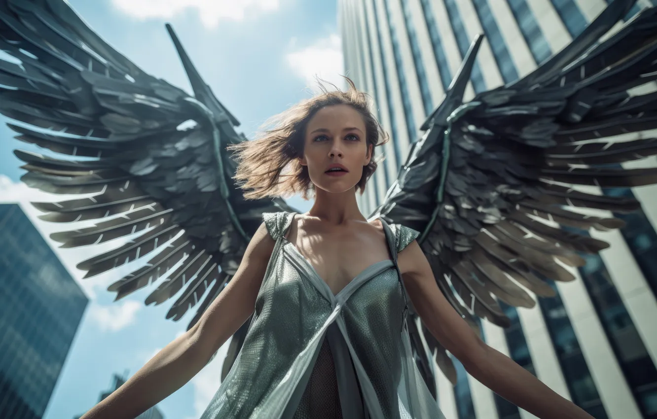 Photo wallpaper girl, the city, hair, home, wings, angel, skyscrapers, digital art