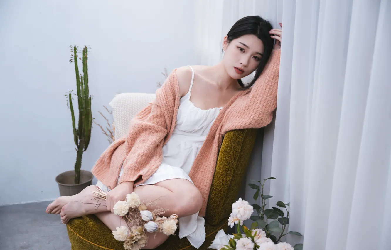 Photo wallpaper girl, flowers, Asian