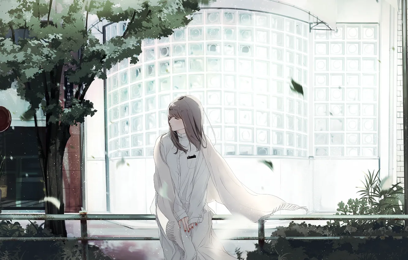 Photo wallpaper girl, trees, sitting