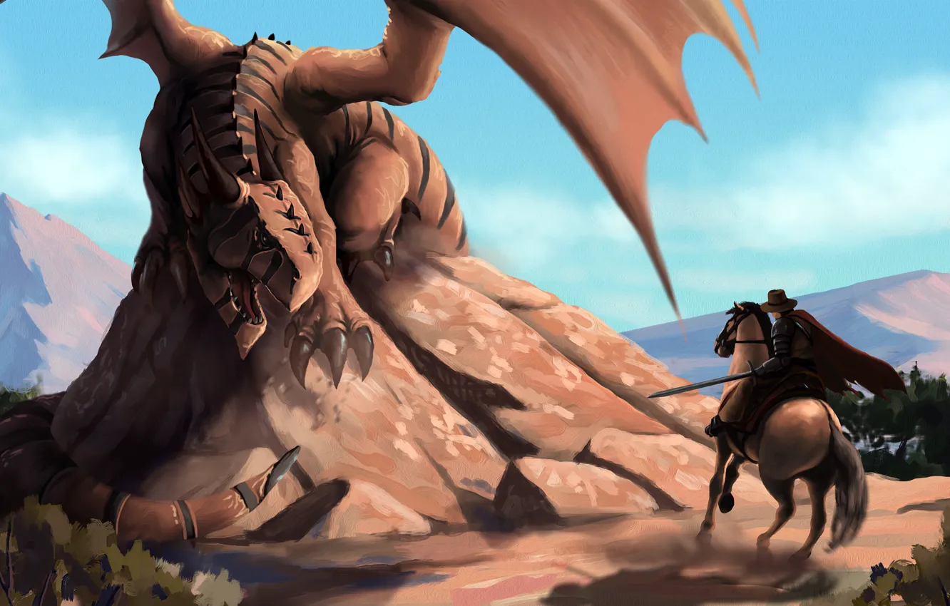 Photo wallpaper dragon, horse, wings, sword, warrior, tail, rider