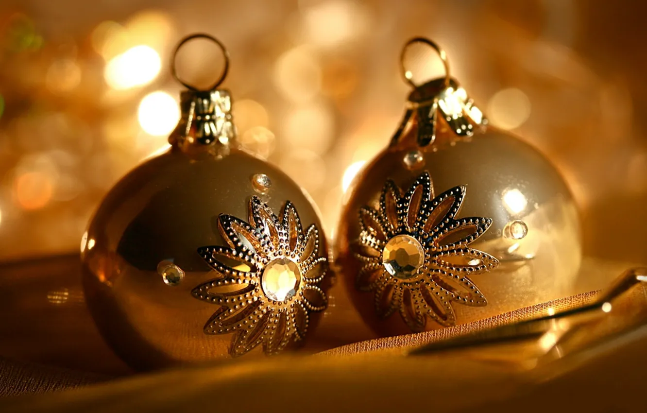 Photo wallpaper two, gold, Christmas balls, blur bokeh