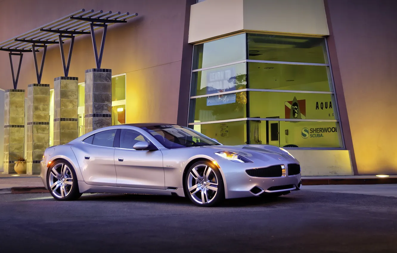 Photo wallpaper machine, auto, silver, car, cars, Fisker, building., Karma Ever