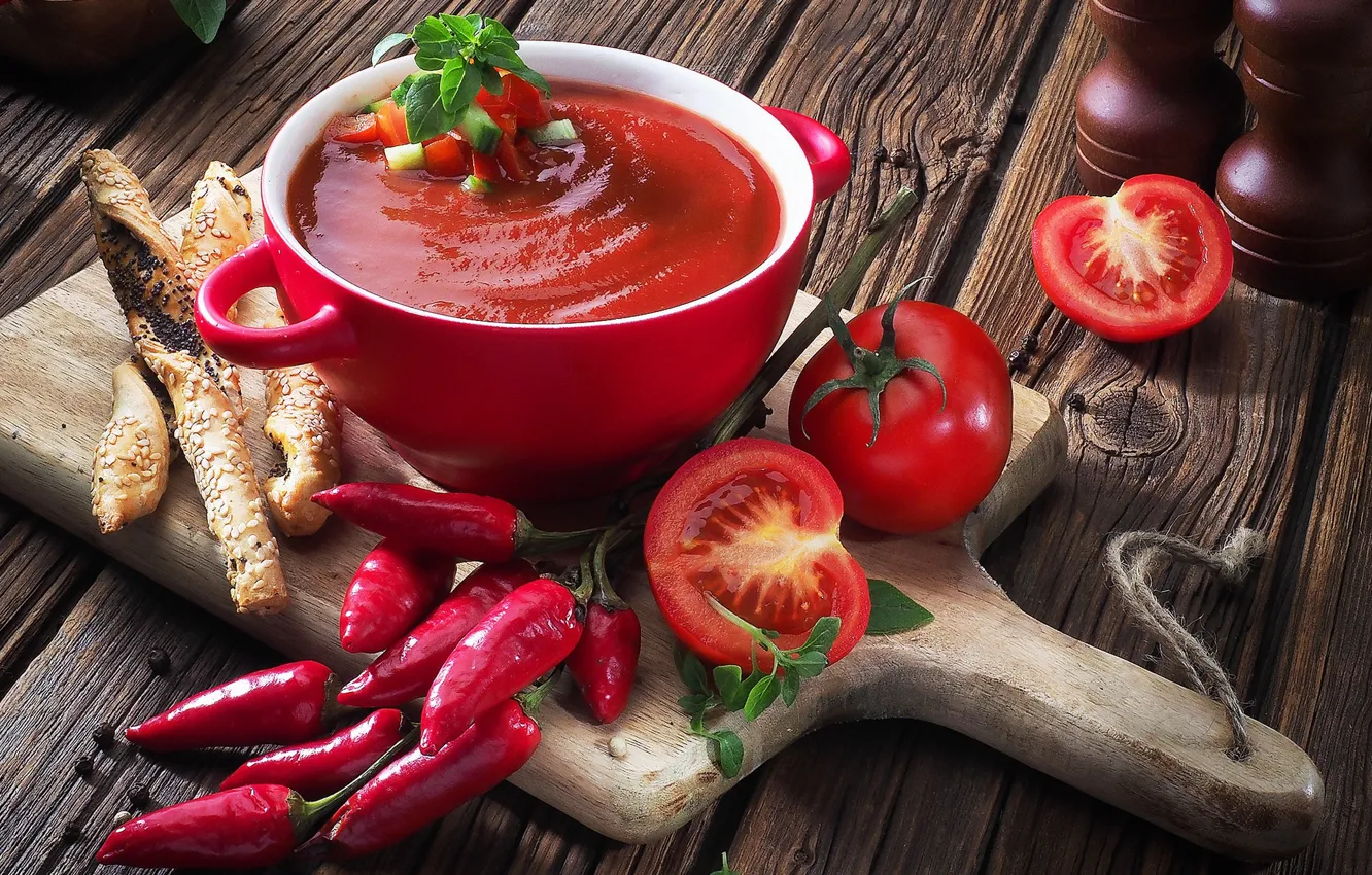 Photo wallpaper bread, pepper, tomatoes, gazpacho