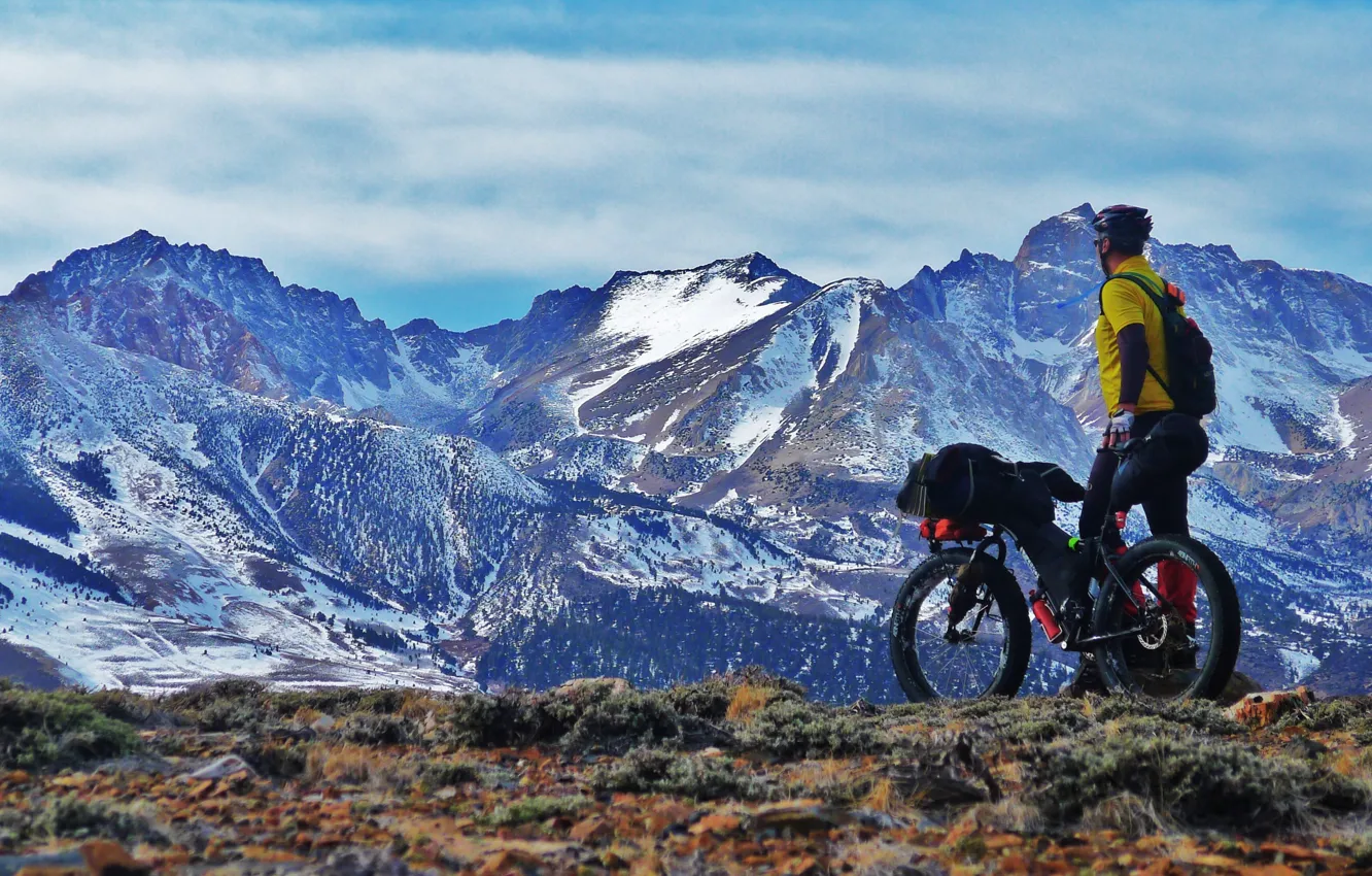 Photo wallpaper mountains, nature, athlete, cyclist, mountain bike