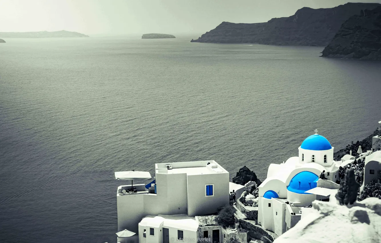 Photo wallpaper sea, rocks, home, Greece, horizon, island, the Church of St. Irene, Hey