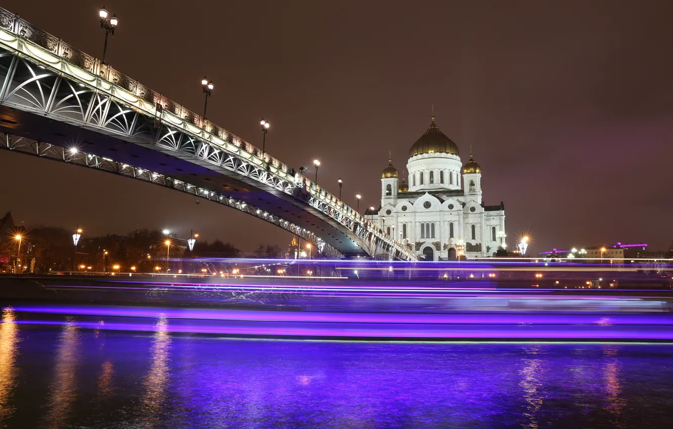 Photo wallpaper night, bridge, lights, river, Cathedral, temple