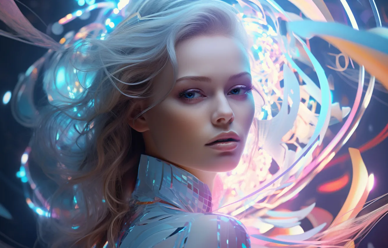 Photo wallpaper look, girl, light, line, pose, blonde, curls, blue background