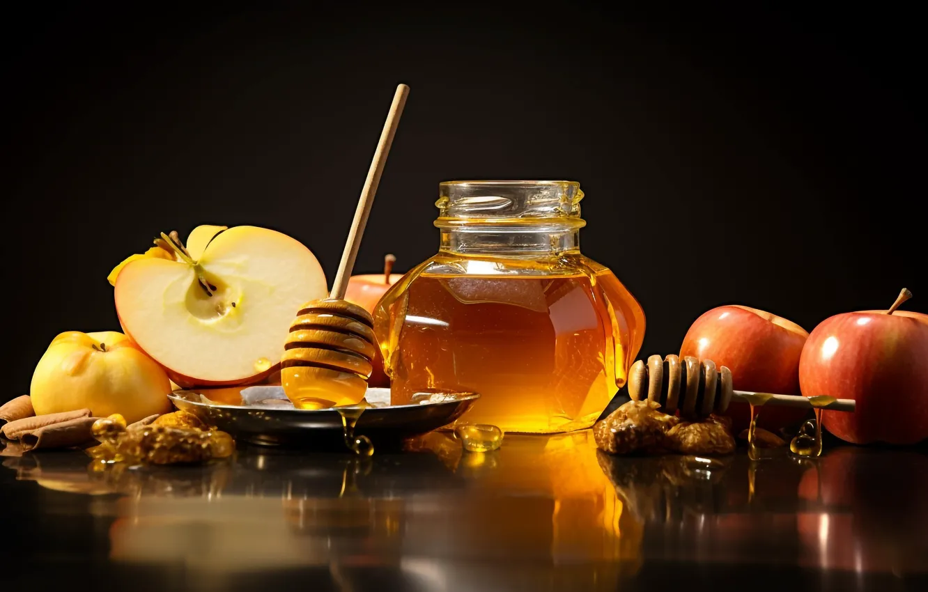 Photo wallpaper drops, table, apples, honey, Bank, black background, saucer, a spoon for honey