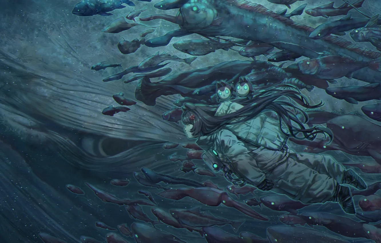 Photo wallpaper cat, girl, space, fish, kit, Virtual youtuber, Inui Toko, NIJISANJI