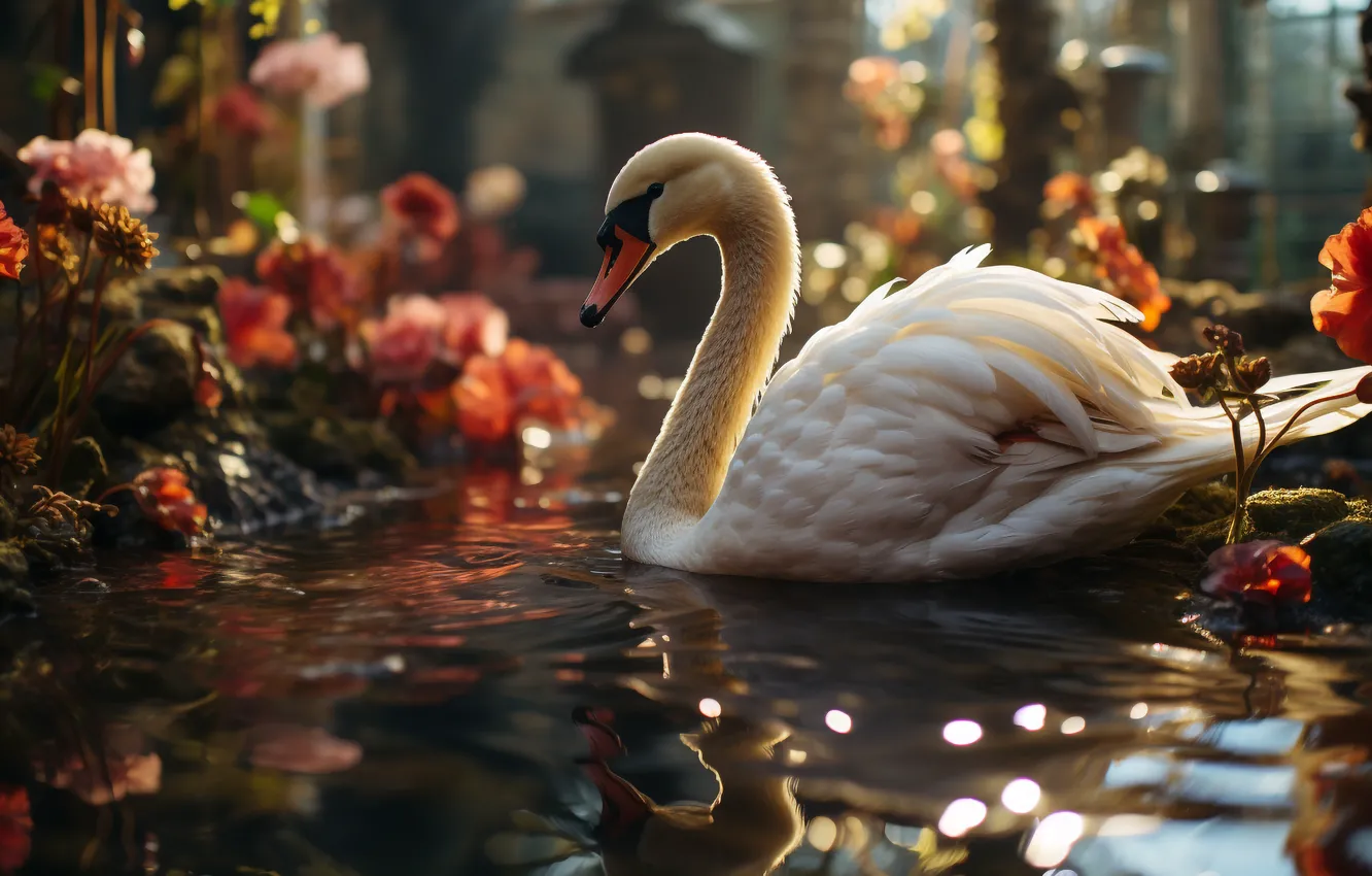 Photo wallpaper white, nature, lake, pond, bird, shore, swans, pond