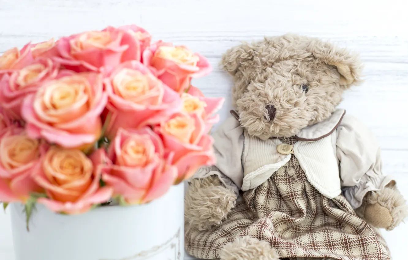Photo wallpaper love, flowers, box, toy, roses, bouquet, bear, love